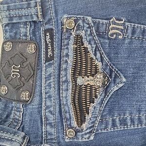 MISS ME Slim Low Rise Boot EMBELLISHED unique zipper pocket  sz 28 x 32